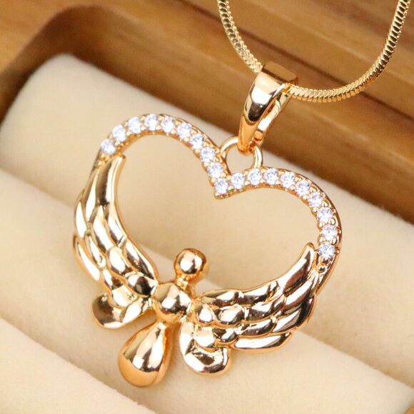 "Rose Gold Heart Pendant with Angel Wings and Crystal Accents, XPPT1251 - Picture 1 of 12